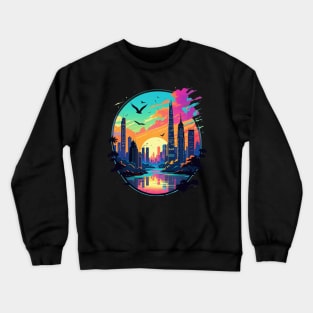 city skyline with vibrant sunset background Crewneck Sweatshirt